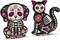 Wooden Day of The Dead Dog Cat Figurine, 2 Piece Dia De Los Muertos Ofrenda Altar Sugar Skulls Altar Table Decorations
